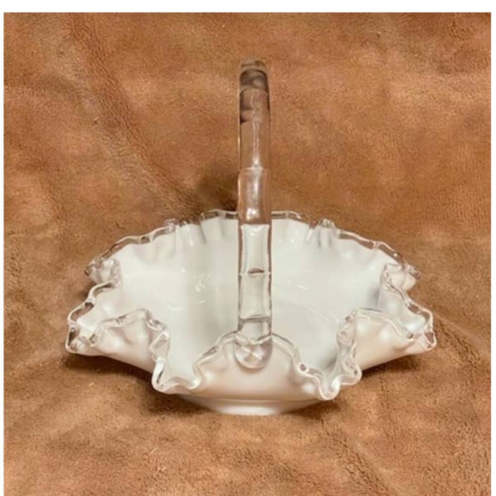 Vintage Fenton Milk Glass, Silver Crest, Crimped Basket w/Clear Glass Handle